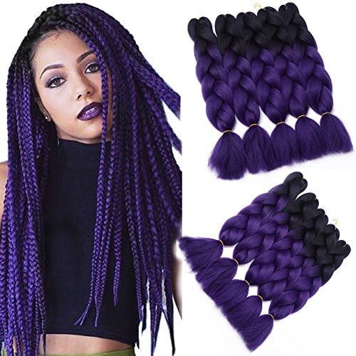 Ombre Jumbo Braiding Synthetic Braids Hair Extensions Soft Kanekalon Hair for Crochet Hair Box Braids Faux Locs 10 Pieces (Black-Purple)