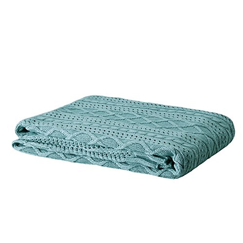 DOKOT Diamond Cable Knitting Pattern 100% Cotton Knitted Throw Blanket All Season Couch, Sofa, Chair, Bed Cover (Blue)