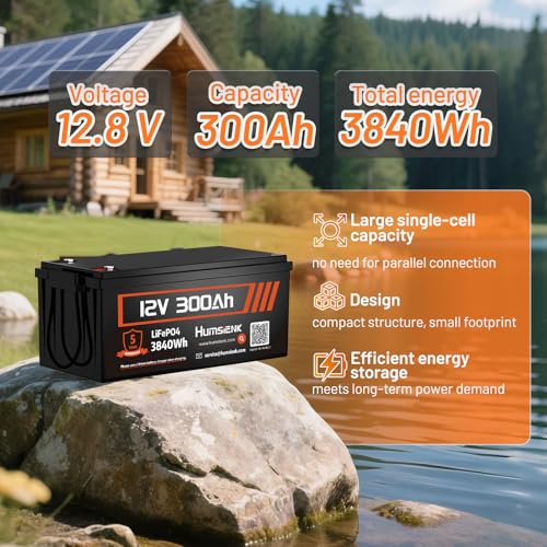 HumsiENK 12V 300Ah LiFePO4 Battery 2-Pack, 7680Wh Deep Cycle Lithium Battery with Bluetooth, Low-Temp Protection, 200A BMS (2560W Output), 15000 Cycles for RV, Solar, Marine and Off-Grid