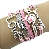 Willsa Stylish LOVE Heart Pearl Design Faux Leather Alloy Charm Bracelet Pink