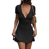 LOFAAC Women Sexy V Neck Button Down Knitted Short Dress Slim Fit Cap Sleeve Flowy Swing Going Out Mini Dress Summer