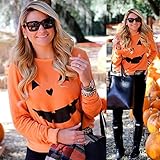 Women Halloween O Neck Long Sleeve Pumpkin Sweatshirt Pullover Orange
