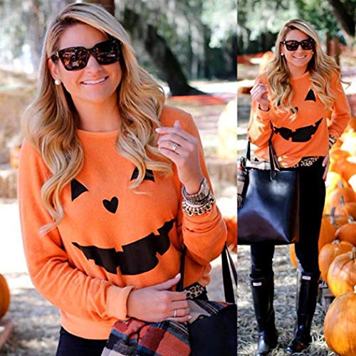 Women Halloween O Neck Long Sleeve Pumpkin Sweatshirt Pullover Orange