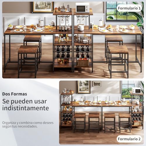 SIMPLE ESPACIO Barra de Cocina,Desayunador Tiene Seis Capas de Espacio de Almacenamiento,Mesa de Bar,Comedor Viene con Dos Sillas,con Estante para Copas Vino,Adecuado para Cocina y Bar(Color Retro)