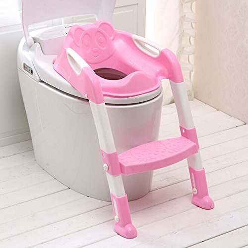 Genmine Potty Toilet Seat With Ladder for Kids Baby, Childrenâ€™s Toilet Seat Chair Step Trainer Ladder Toddlers Toilet Training Step Stool Cover With Handles Toilet Folding Chair for Boys Girls (Pink)