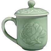 Hanporce Handmade tea cup with lid, celadon Coffee Mug for Milk/Office/Home/Gift, Microwave Dishwasher Safe 12.9 oz/380ml (Green)