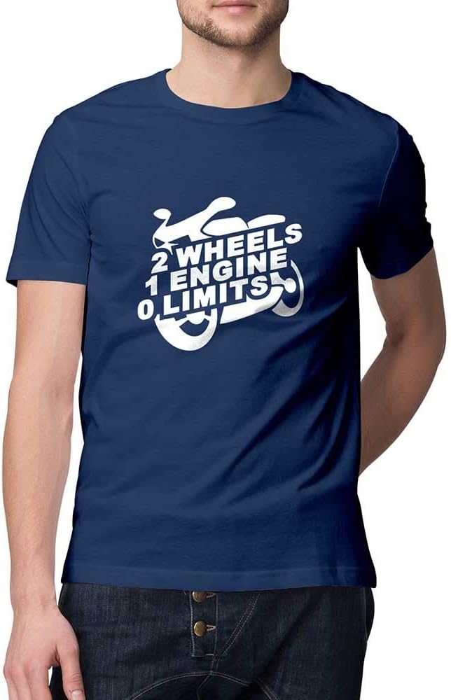Mobicture Printed T-Shirt Men | 2 Wheels 1 Engine 0 Limits Bike Riders Funny Quote T-Shirt | Half Sleeve T-Shirt | Round Neck T Shirt | 100% Cotton T-Shirt
