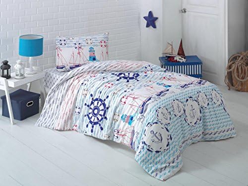 Bekata Nautical Bedding Set, 100% Cotton Duvet Cover Set, Ship, Sailing Boats Anchor, Helm, Lifebuoy, Lighthouse Themed, Single/Twin Size, COMFORTER INCLUDED (4 Pcs)