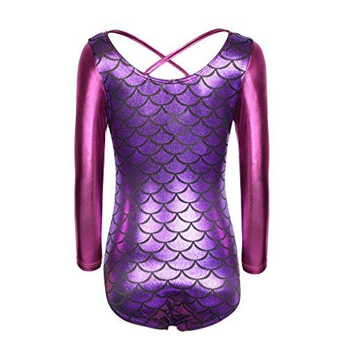 Girls Long Sleeve Fish Scale Back Cross Strap Metallic Athletic Dance Gymnastics Leotard Bodysuit Outfit Pink & Purple Size 10