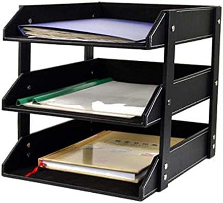 3-layer detachable wood leather desk filing tray box office organizer case document container (black)