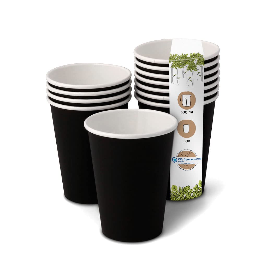 BIOZOYG 50x Disposable Coffee Cups 300 ml / 12 oz, Ø 90 mm Black - Paper Cups for hot Drinks Plastic-Free - Coffee Cups Disposable