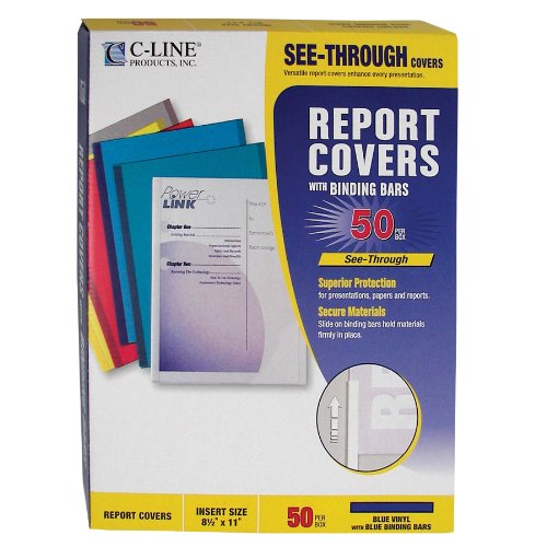C-Line Report Covers with Binding Bars, Blue Vinyl, Blue Bars, 8.5 x 11 Inches, 50 per Box (32555)