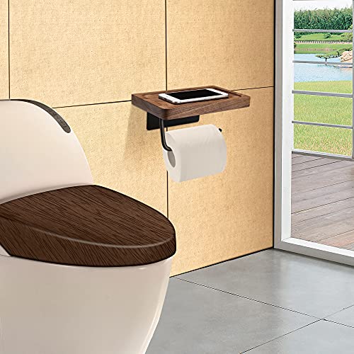 Toilet Paper Holder with Black Walnut Wooden Shelf for Bathroom, Wall