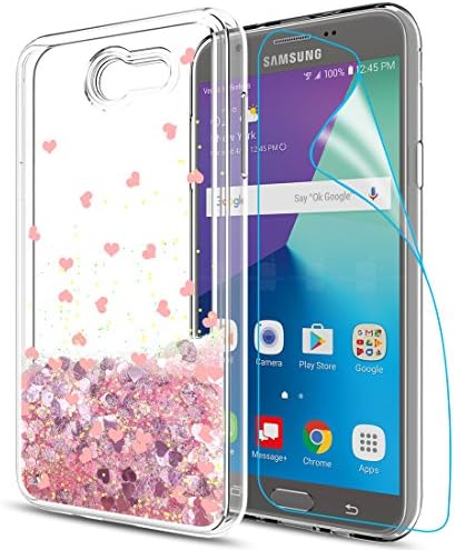 Galaxy J7 Perx Case, J7 Prime / J7 V / J7 Sky Pro / Halo Case with HD Screen Protector for Girls Women,Aree Cute Shiny Glitter Moving Quicksand Bling Liquid Case For Samsung Galaxy J7V 2017 Rose Gold