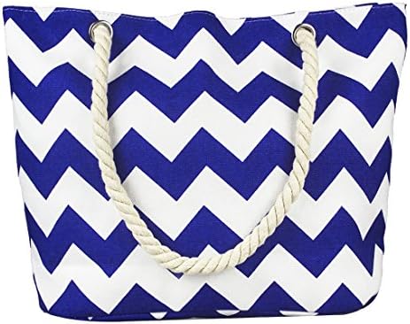 Ladies Summer Large Tote Handbags Canvas Beach Bag with Zipper Rope Handles for Holiday Red Blue Stripes