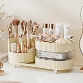 Ivory Rotating Vanity Organizer with Drawer &amp; Brush Holder - 3 Layer Cosmetic Skincare &amp; Perfume Storage - Countertop Makeup Display Case