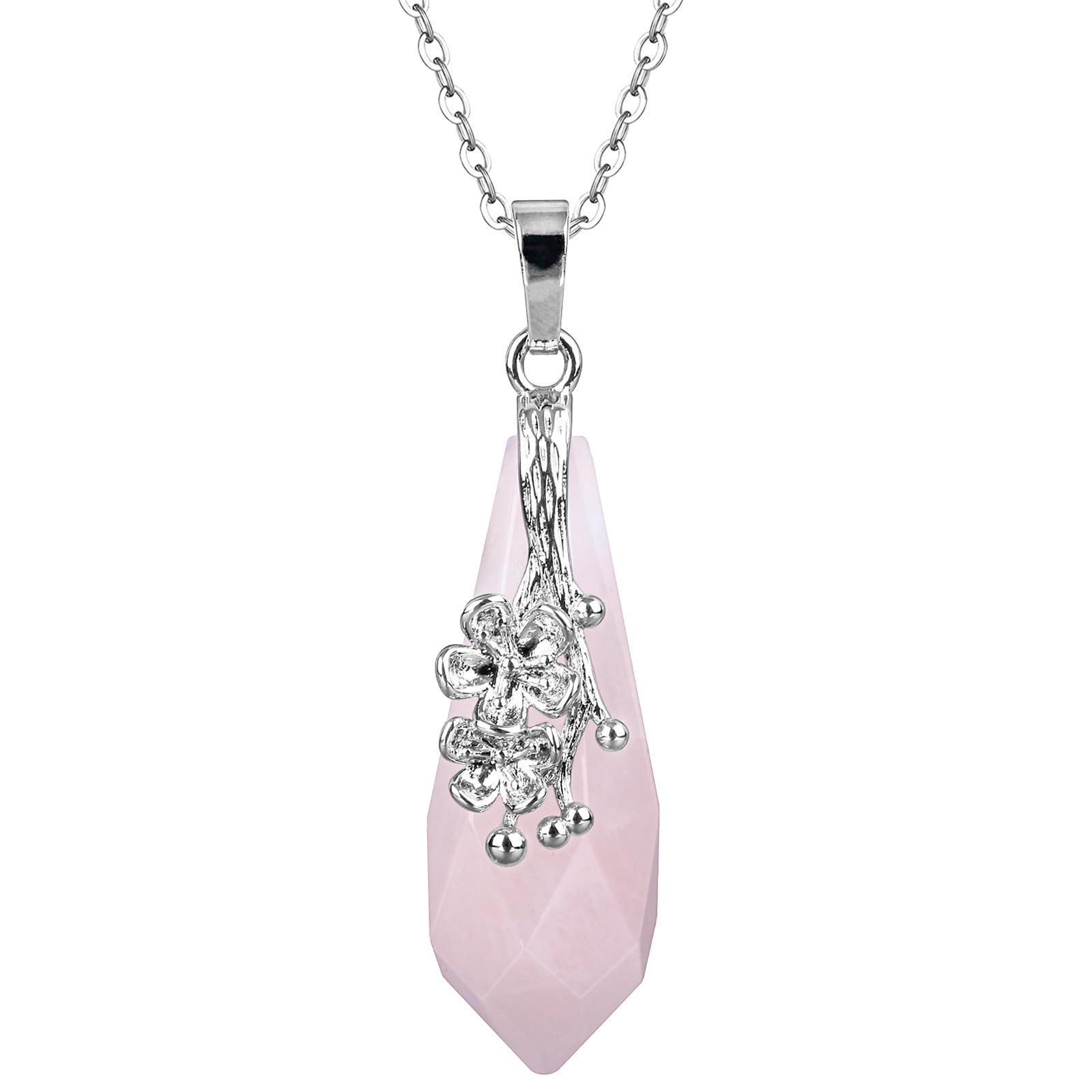 Nupuyai Rose Quartz Crystal Point Pendant Necklace for Women Men, Flower Wrap Faceted Healing Stone Quartz Point Pendant with Chain