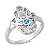 Hamsa Hand Evil Eye Ring .925 Sterling Silver Cubic Zirconia Band Sizes 5-10 (6)