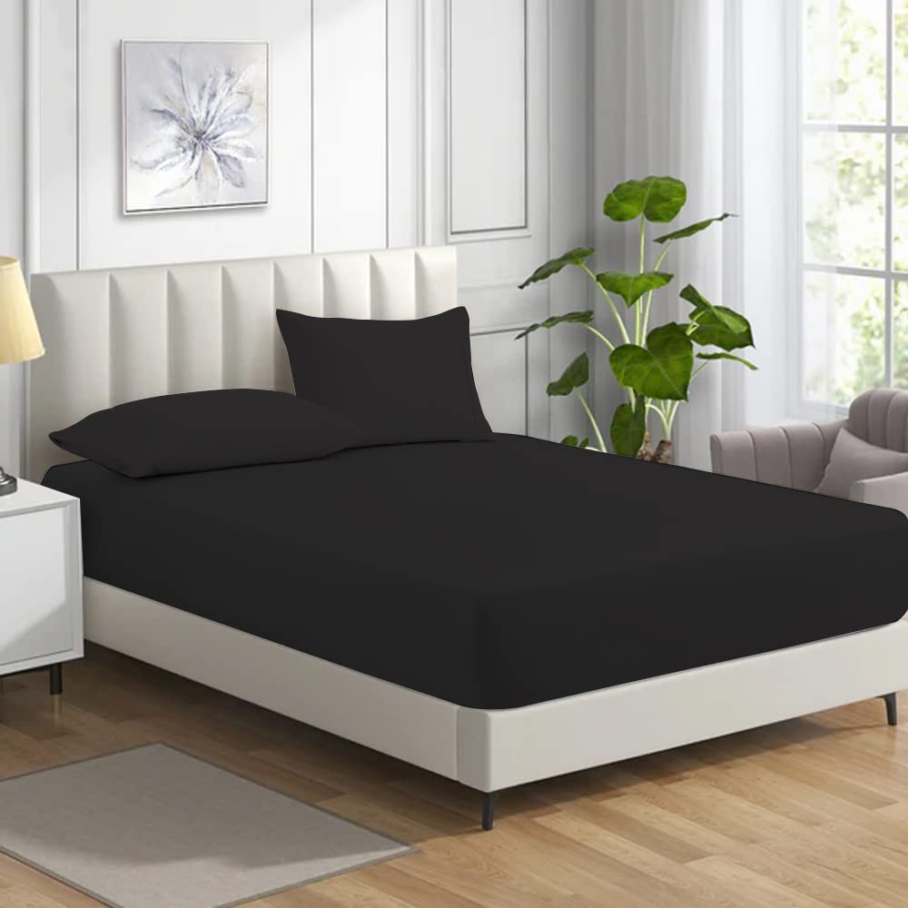 MistyMorning Fitted Sheet, Soft & Premium quality Bedding & Linen, 11''/28cm deep sheet, Egyptian Cotton with 200 Thread Count. (Black, Double) — image 1