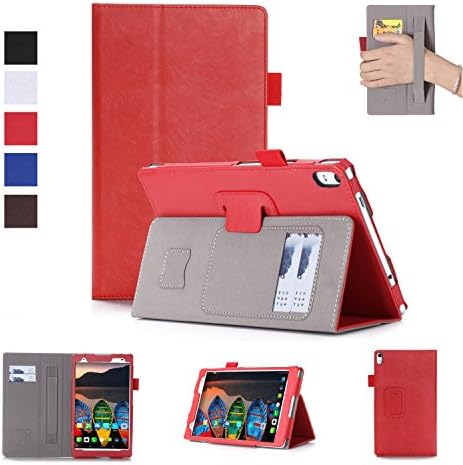 Lenovo Tab 4 plus 8 inch Case TB-8704F/N-Premium PU Leather Case Smart Auto Wake/Sleep Cover with Hand Strap, Card Slots,Ultra Slim Magnetic Smart Cover Case for Lenovo Tab4 plus 8 inch tablet (Red)