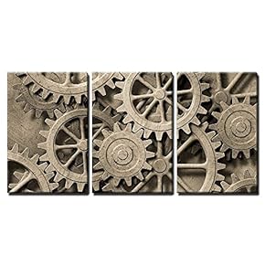 3 Piece Canvas Wall Art - a Mechanical Background with Gears and Cogs - Modern Home Art Stretched and Framed Ready to Hang - 16"x24"x3 Panels