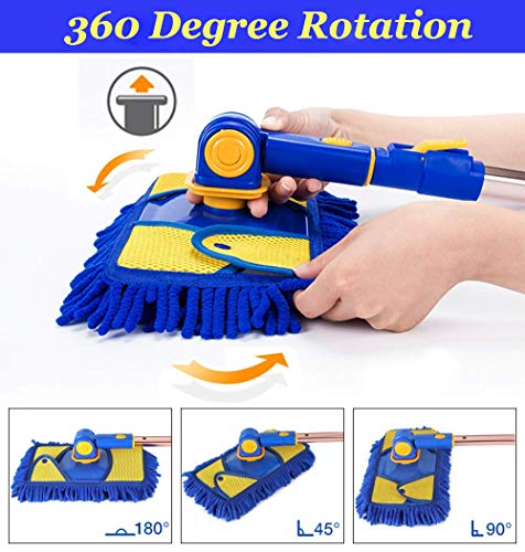 Car Wash Brush Kit Portable Car Washing Cleaning Mop 360° Rotation Ultra Plush Telescopic Chenille Car Wash Brush with Long Handle Microfiber Car Drying Towels Super Absorbent