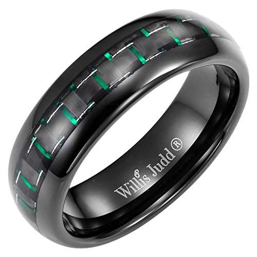 Willis Judd Mens 7mm Black Titanium Ring With Green Carbon Fiber In Gift Box