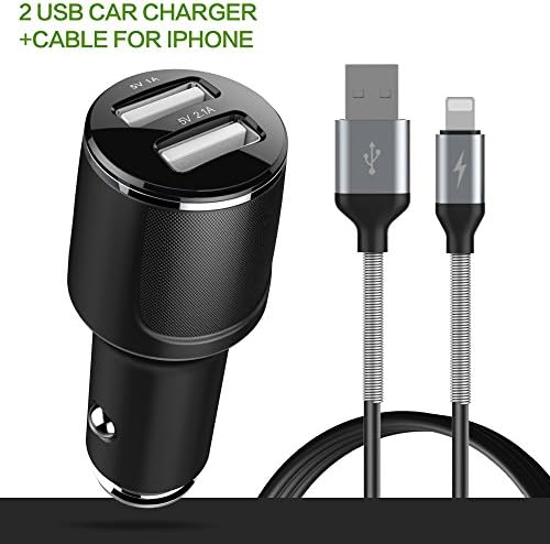 Xutu Car Charger High-Speed Dual-Port Charge and 1 3.3FT Spring Elastic Lightning Cable (Black) for iPhone 7 6 6s Plus 5s 5 ipad mini