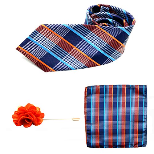 Gent's Club Necktie Set Pocket Square Lapel Pin for Men Ceremony Navy Blue Orange Gift Set Wedding