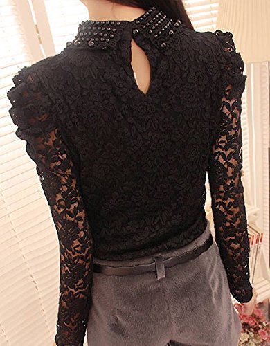 pomo-z women's long sleeve embroidery pearl sheer lace crochet blouse shirt top