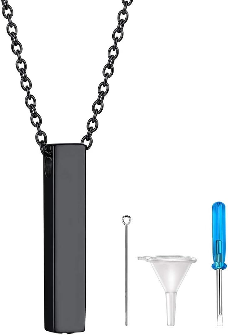 GoldChic Men's Necklace for Ashes Black Cube Urn Memorial Pendant Keepsake Cremation Gifts for Men, 02.bar-black, 46+5cm(18''+2'')