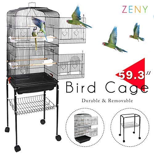 ZENY 59.3” Bird Cage with Rolling Stand Wrought Iron Pet Bird Cage Parrot Cockatiel Cockatoo Parakeet Finches Birdcage Medium Pet House