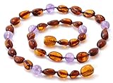 Baltic Amber Teething Necklace Made with Amethyst Beads - Size 12.6 inches (32 cm) - Polished Cognac Amber Beads - BoutiqueAmber (12.6 inches, Cognac Bean/Amethyst)
