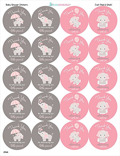 2 Inch Thank You Stickers Girl Baby Shower Favor Gray Elephant (Light