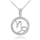 High Polish 14k White Gold Roped Circle Zodiac Sign Capricorn Pendant Necklace