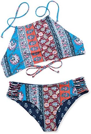 High Neck Halter Bikini, Floral Print Bathing Suits for Women,S