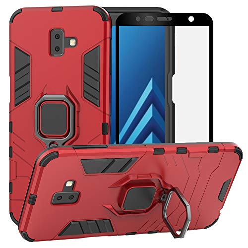 BestAlice for Samsung Galaxy J6 Plus/J6 Prime 2018/J6+ Case, Hybrid Heavy Duty Protection Shockproof Defender Kickstand Armor Case Cover Tempered Glass Screen Protector，Red