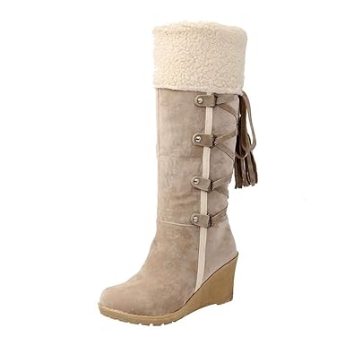 Geili Damen Langschaft Stiefel Wildleder Fell Schnürstiefel Warme Gefüttert Winterstiefel Schneestiefel Freizeit Outdoor Lang