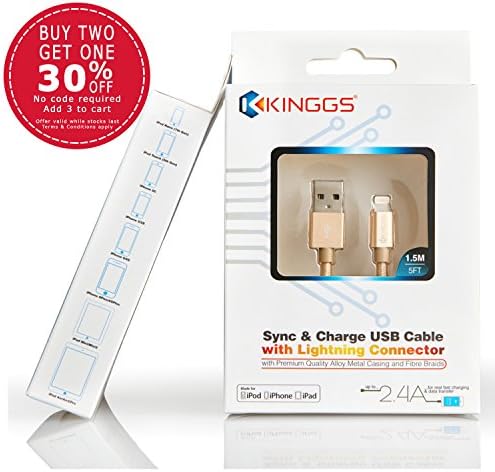 KINGGS Apple MFi Certified Nylon Braided Lightning to USB Sync and Charge Cable, 5 Feet - Gold