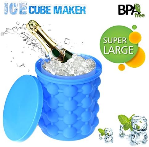Ice Genie Ice Cube Maker - Super Large (6 x 5.5 Inches) Silicone 2 in 1 Ice Bucket and Ice Mold, Revolutionary Space Saving, BPA Free, By MOOKZZ