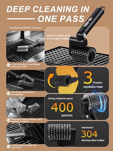 Aurviv Electric Grill Brush, 3-Speed Power Control Grill Brush for Outdoor Grill, Rechargeable BBQ Grill Brush, Cordless Grill Cleaning Brush with 2 Brush Head & Scouring Pad, Gifts for Men/Dad