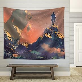 Man Standing on Top of The Hill Watching The Stars,Illustration Painting - Fabric Wall Tapestry Home Decor - 51x60 inches
