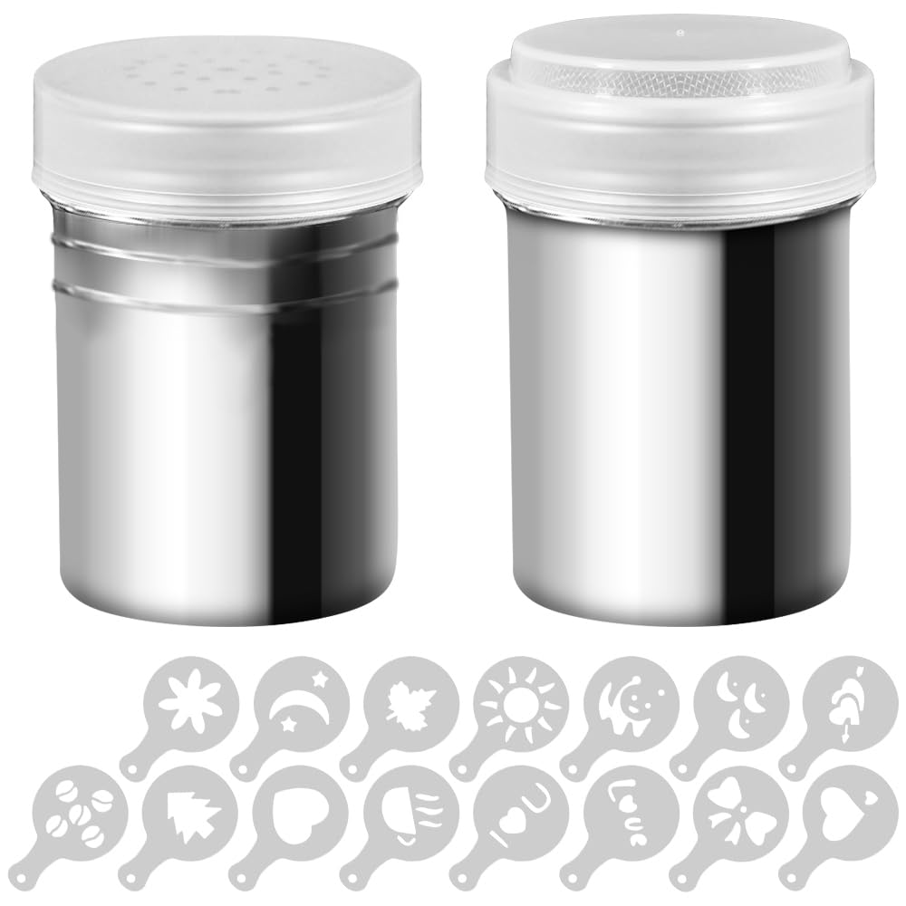 2 Pcs Stainless Steel Dredges and Powdered Shaker with 16 pcs Printing Molds Stencils, SENHAI Salt Pepper Coffee Cocoa Cinnamon Powder Can with Hole or Fine-Mesh Lid for Kitchen Baking Cooking