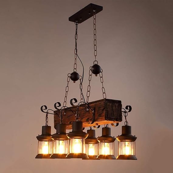 Mopoq 6-luz de Techo de Granja Estilo de Madera Apenado Araña