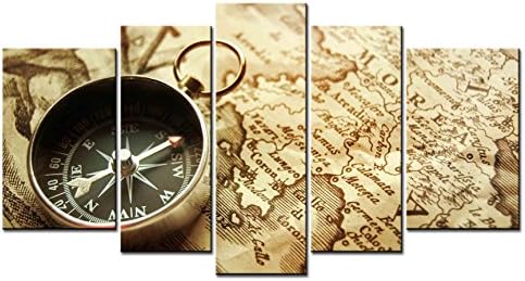 ClassiceDecorArt Wall Art Paintings - 5 Pieces Decor Art of Old Compass and Map Painting - The pictures Print on Canvas for Modern Home Decor Decoration