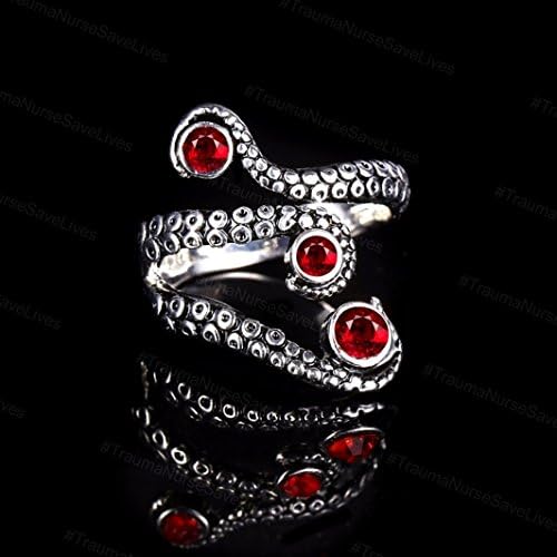 OCTOPUS TENTACLE RING ADJUSTABLE ANTIQUED STEEL SILVER VINTAGE STEAMPUNK with 3 RUBY RED RHINESTONES