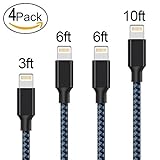 Lightning Cable,AOFU iPhone Charger 4Pack 3FT 6FT 6FT 10FT to USB Syncing and Charging Cable Data Nylon Braided Cord Charger for iPhone 7/7 Plus/6/6 Plus/6s/6s Plus/5/5s/5c/SE and more (Black&Blue)
