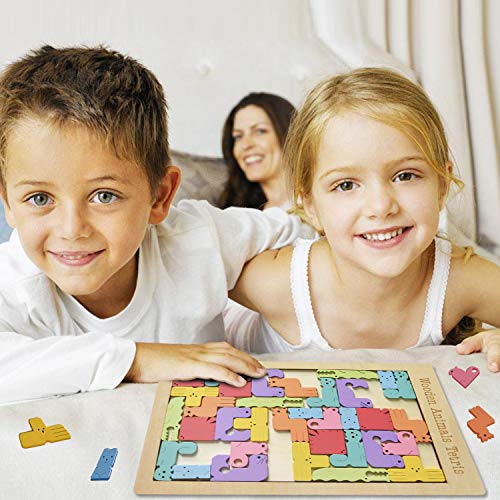 Wooden Tetris Puzzle Brain Teasers Toy,Tangram Jigsaw Puzzle, Stem Toys with Colorful 3D Russian Blocks,Montessori Educational Gift for Kids & Adults (40 PCS)