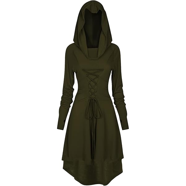 Amazon.com: Womens Renaissance Costumes Hooded Robe Lace Up Vintage  Pullover High Low Long Hoodie Dress Army Green : Clothing, Shoes & Jewelry