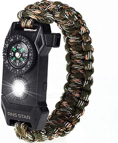 RNS STAR Paracord Survival Bracelet 6-in-1 - Hiking Gear Traveling Camping Gear Kit - 70% Bigger Compass LED SOS Emergency Function Flashlight,Fire Scrapper,Flint Fire Starter,Survival Knife (Camo_3)